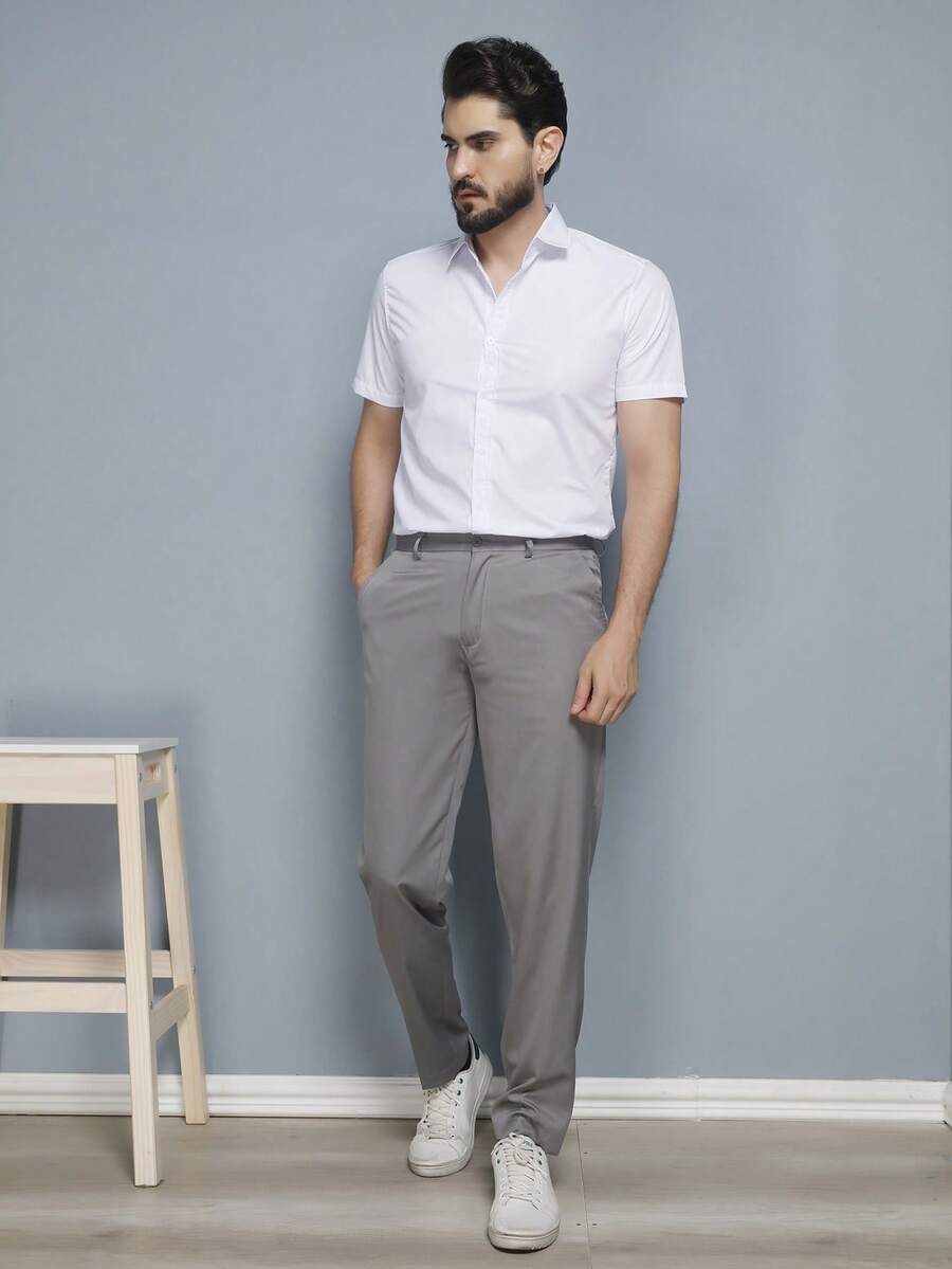 Men's Solid Color Business Suit Pants With Spandex - Grey - View 1