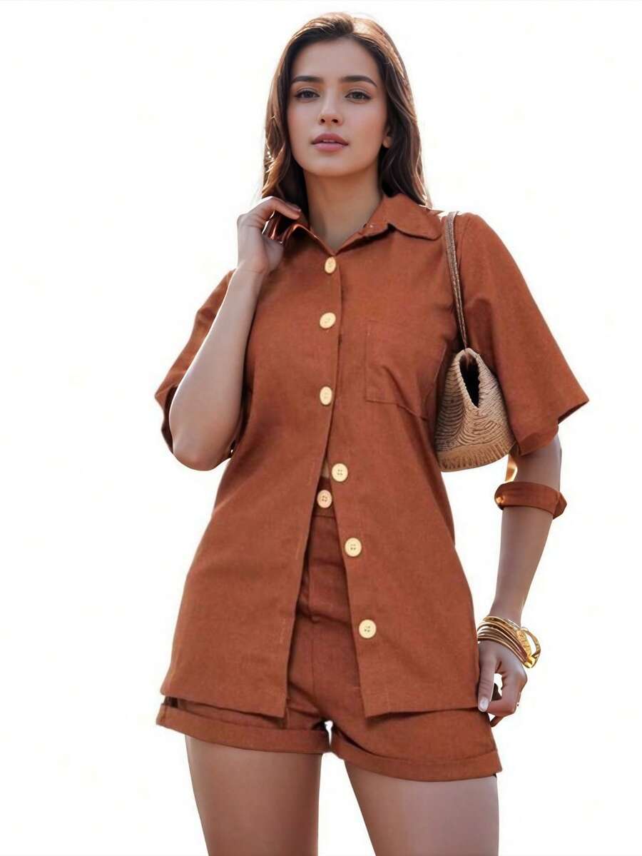 Linen Set / Shirt And Shorts / With Elastic Waistband - Maroon - View 1