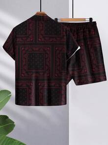 Men's Paisley Print Short Sleeve Shirt & Shorts Set With Single Breasted Button, Elastic Drawstring, Pockets - Red - View 3