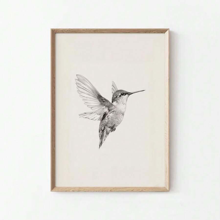 1pc Framed/Unframed Hummingbird Sketch Vintage Poster Canvas Print Neutral Minimalist Antique Bird Wall Art Cottagecore Retro Painting For For Dorm,Apartment,Living Room,Bedroom,Modern Home Decoration