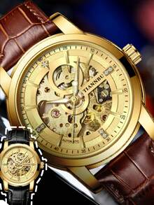 Men Luxury Automatic Mechanical Watch Waterproof Sports PU Leather Strap Waterproof Men Watch Business Watch Casual Male Clock, 1pc Man Gifts - one-size - View 7