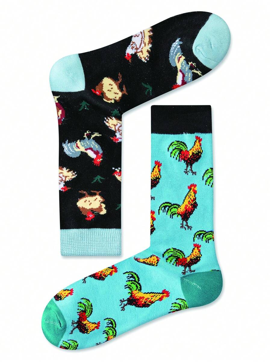 2 Pairs Unisex Couple Rooster Pattern Mid-Calf Socks, Versatile For All Seasons - Multicolor - View 1