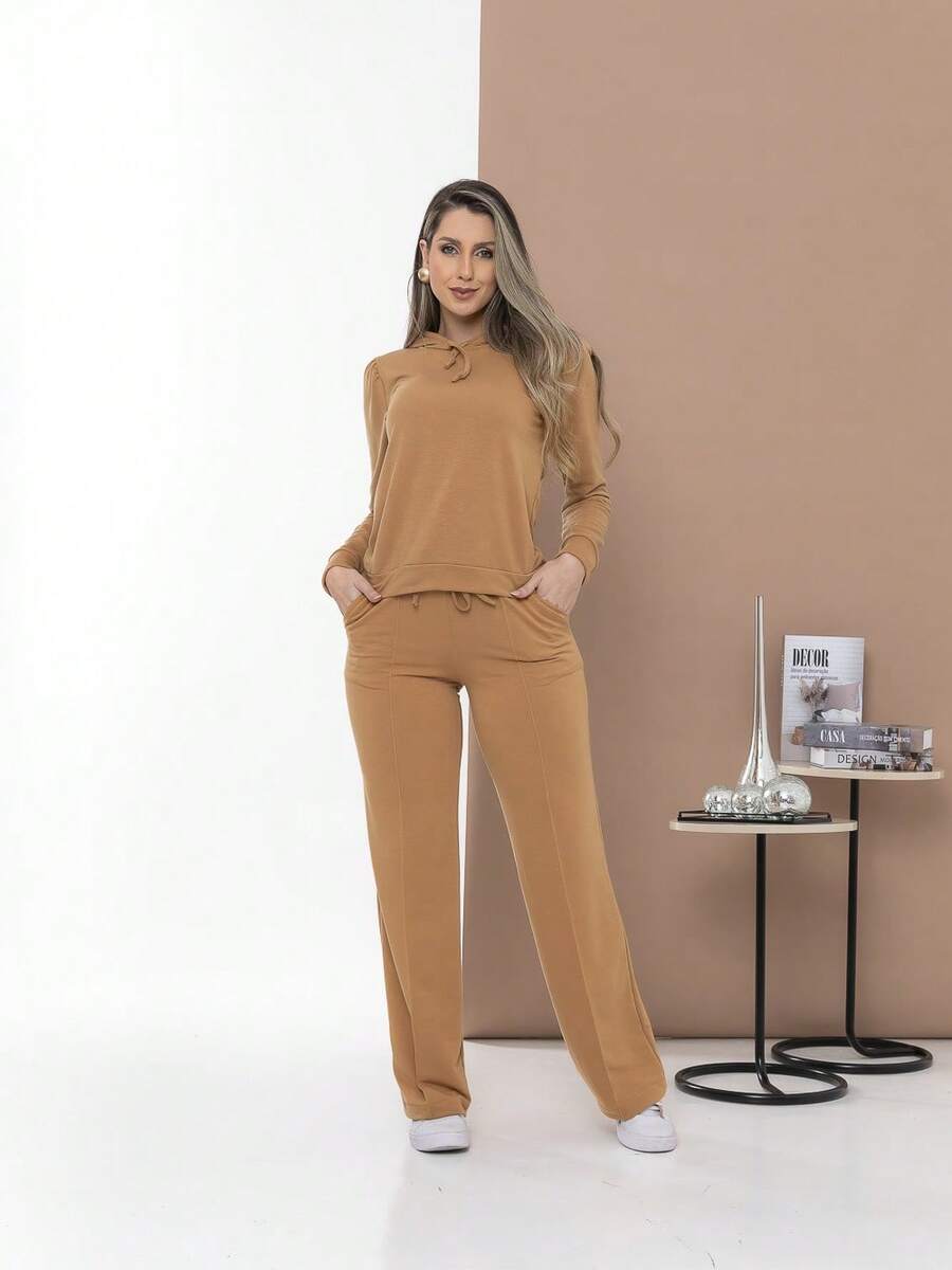 Casual Sweatshirt Set Of Blouse And Pants C3111 - 駝色 - 查看 1