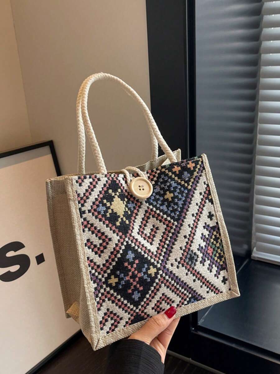 1 chiếc túi tote vải lanh in họa tiết, trang trí bằng cúc vải lanh, thêu jacquard kiểu cổ điển, thiết kế tối giản, dung tích lớn, túi đựng đồ tiện dụng, họa tiết cắt ngẫu nhiên, túi mua sắm đa chức năng, phong cách Bohemian, phù hợp với trang phục Bohemian của nữ. - Nhiều màu - Xem 1