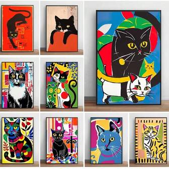 1pc Wall Arts Posters FramelessAnimals Abtract Retro Cartoon Cat Wall Art Poster Print Wall Art Colorful Canvas Painting Girl Room Home Kid's Girl Decoration PictureOptinal Frame ,Wall Art With Frame