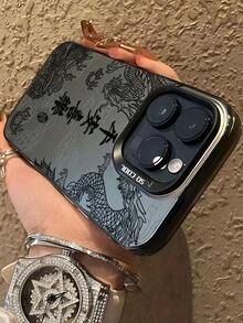 1 pieza Funda de teléfono con cobertura completa con diseño de patrón de dragón negro y texto, compatible con iPhone 17, 16, 15, 14, 13, 12, 11 Pro Max - Multicolor - Ver 4