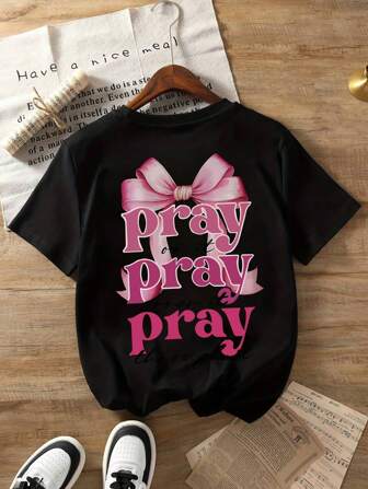 青少年女孩蝴蝶结和标语印花圆领 T 恤夏季女孩休闲 T 恤柔软上衣