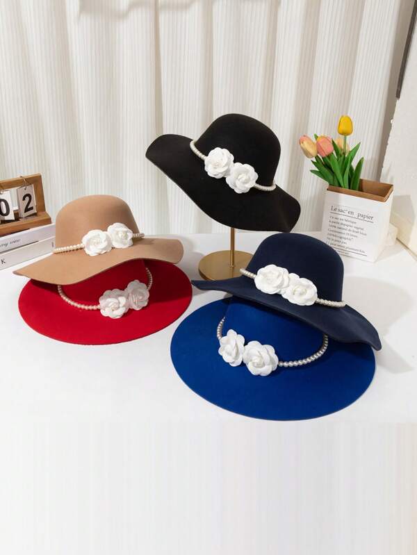 قبعة حجر واسعة الحافة مزينة بالأزهار واللؤلؤ للنساء، أنيقة للزفاف والاستخدام اليومي وأوقات قضاء العطلات