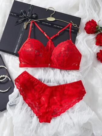 2 pezzi di biancheria intima sexy in pizzo rosso acceso, biancheria intima sexy