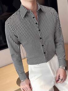 男士欧美风户外千鸟格长袖衬衫，时尚 - 黑色 - 查看 1