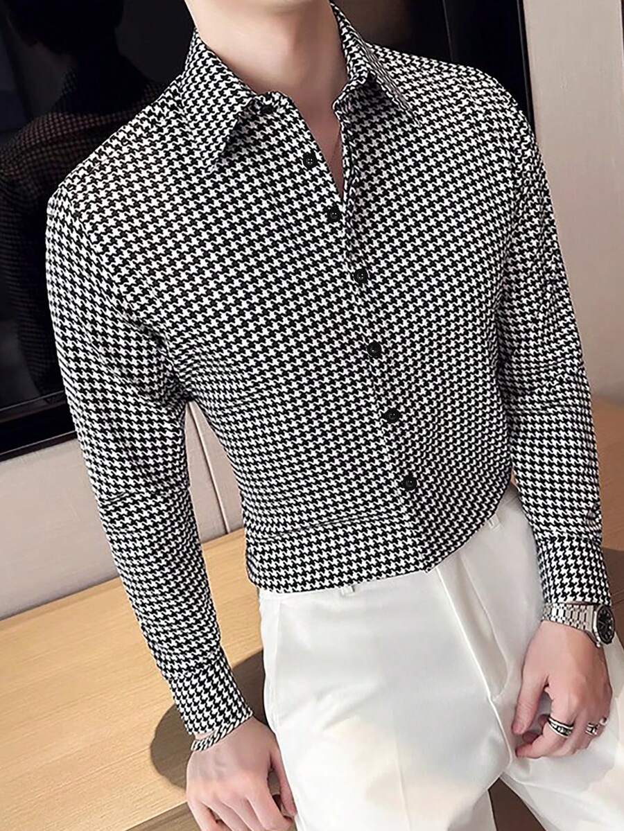 男士欧美风户外千鸟格长袖衬衫，时尚 - 黑色 - 查看 1