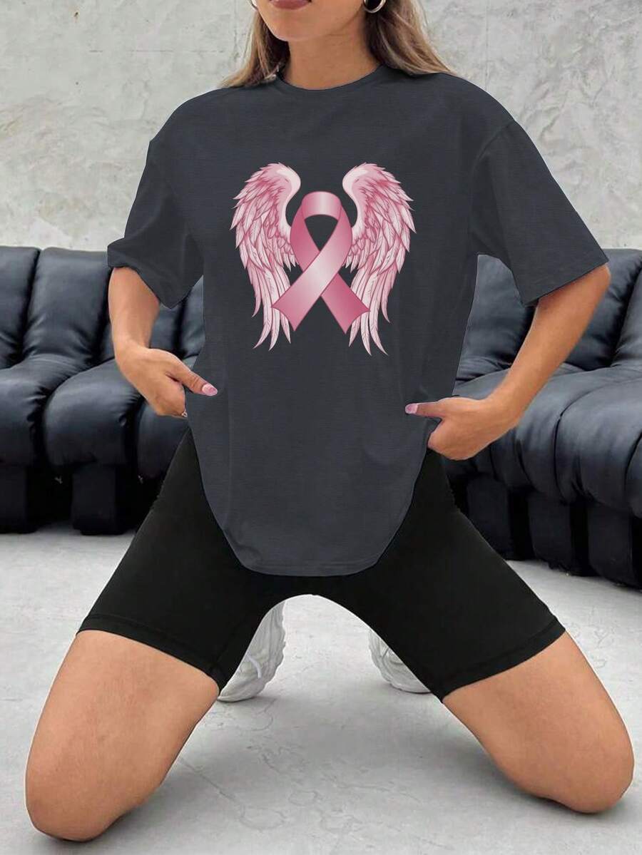 Pink Ribbon With Wings Women's Plus Size Sports Short Sleeve T-Shirt - Dark Grey - View 1