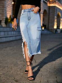 Asymmetric Hem Pocket Patchwork Denim Skirt - Women Spring Clothing - Light Wash - View 6