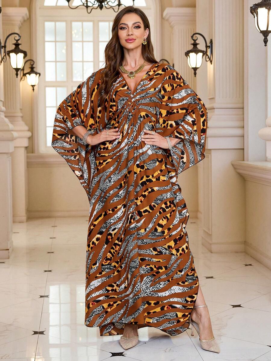 女士热带印花蝙蝠袖宽松波西米亚风V领睡袍