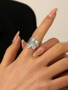 1 件女士纹理花朵设计可调节开口戒指，时尚，适合派对和日常佩戴 - 銀色 - 查看 3