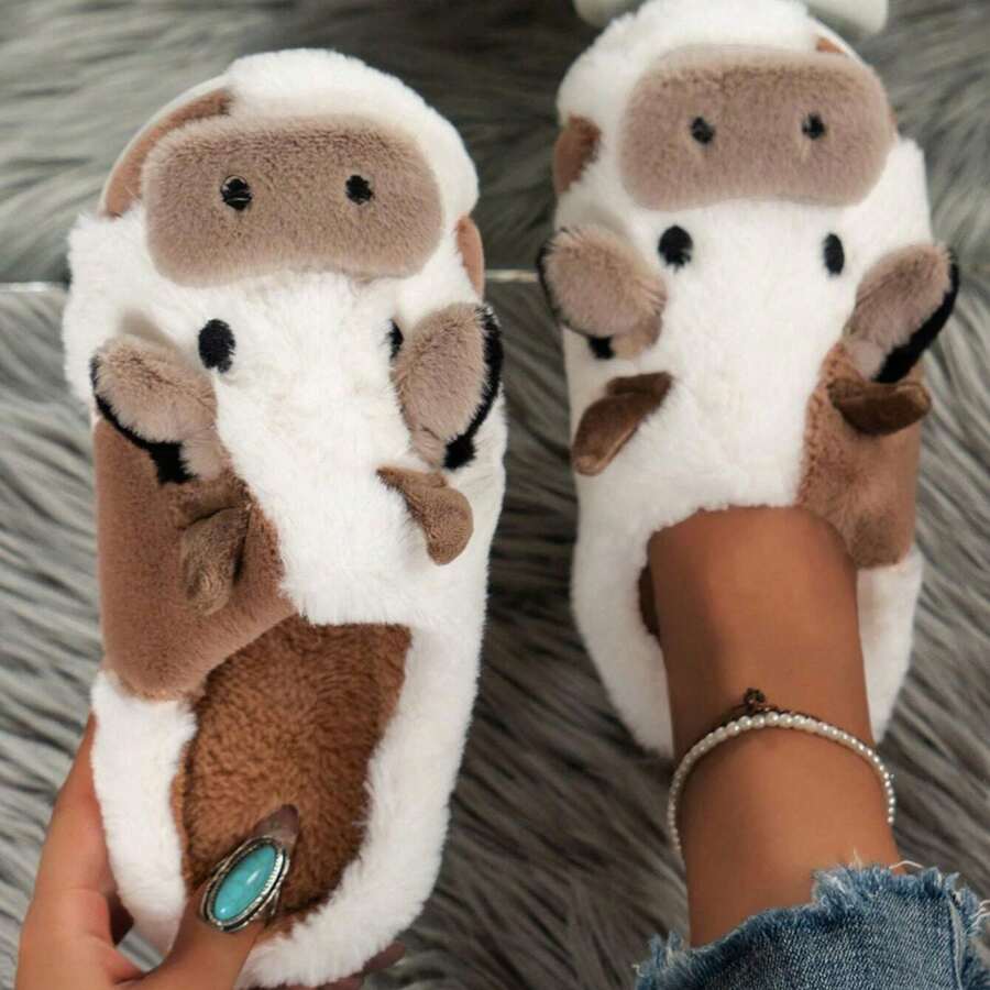 Soft Cow Slippers For Women - Cozy Cotton Animal-Themed Home Shoes Fluffy Winter Shoes For Women House Slippers - Màu Khaki - Xem 1