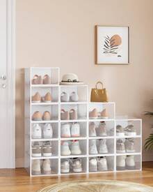 SONGMICS Boîtes à Chaussures, Organisateurs en Plastique, avec Porte, Lot de 18, Empilables, Montage Facile, 33,2 x 23 x 14,5 cm, pour Pointure jusqu'à 43, Transparentes et Blanc Nuage - Transparent - Voir 1