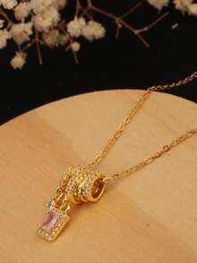 1pc 18K Gold Stainless Steel Chain Tassel Square Pendant Necklace For Women, Sweet & Chic Minimalist Design, Suitable For Daily Office Wear, Gift