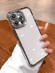 Luxury Minimalist White Sparkling Rhinestone Sequin Fashion Electroplated Silver Phone Case With Lens Film, Compatible With IPhone 17 Pro Max/17 Pro/17 Air/17/16 Pro Max/16/16 Pro/16 Plus/16e/15/15 Pro Max/15 Pro/15 Plus/11/12/13/14 Pro Max/11 Pro/11 Pro Max/12 Pro/12 Pro Max/13 Pro/13 Pro Max/14 Pro/14 Pro Max/14 Plus/13 Mini/12 Mini, Creative Design Spring Gift Wedding Anniversary Party