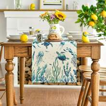 Sea Turtle, Jellyfish, Coral, Seaweed Summer Runner, Seasonal Holiday Kitchen Dining Table Decor, Home Party Indoor - Blue - View 2