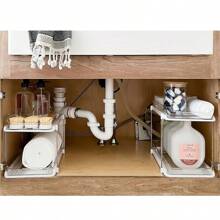 1pc Organizador de armazenamento de dois andares para cozinha, suporte para cosméticos transparente PET, caixa de armazenamento de gaveta de mesa multicamadas, adequado para penteadeira de banheiro, organizador de despensa de cozinha empilhável, organizador de armário de remédios com divisória deslizante