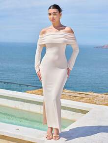 Andrea Bello 女士优雅褶皱露肩喇叭袖紧身连衣裙，适合通勤、秋冬季