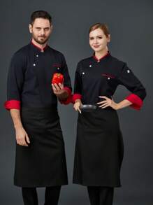 New Custom Diagonal Double Buckle Color Block Fashion Black Chef Uniform, Unisex Long Sleeve, Suitable For Autumn/Winter, Premium Quality For Hotel, Western Restaurant, Fast Food Shop, Cafe, Bakery, Breathable, Wrinkle-Resistant, Stand Collar Design, Stretchy Fabric, Loose Fit