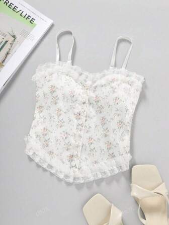 Cami Top mit Blümchen Muster, Rüschenbesatz