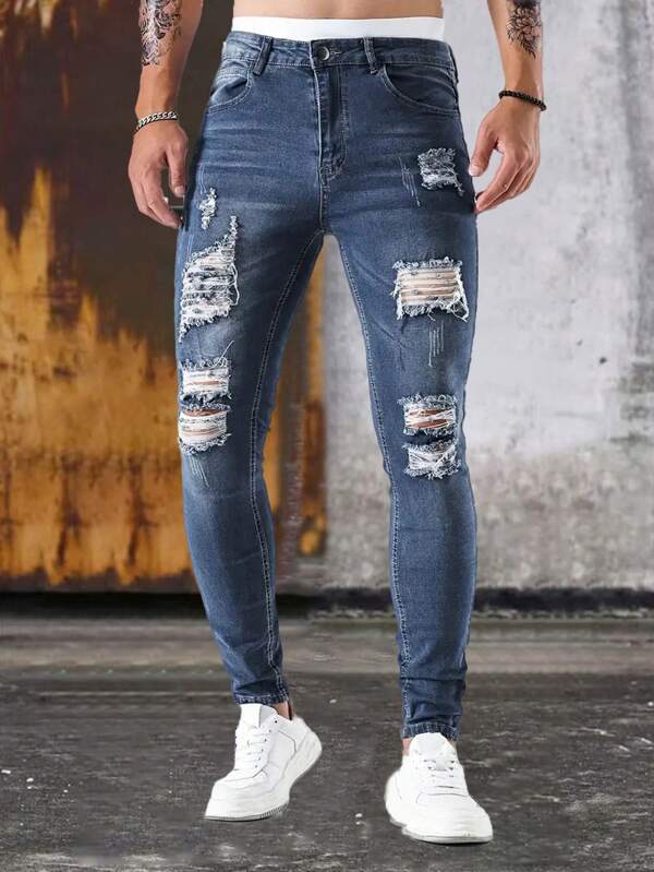 Men's Fashion Elastic Distressed Ripped Jeans, Casual And Comfortable For All Seasons