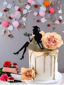 1pc Acrylic Sweet Dessert Baking Cake Topper Decoration For Graduation Summer Birthday Gifts Wedding Beach Back To School School Supplies Room Decor - Black - View 2