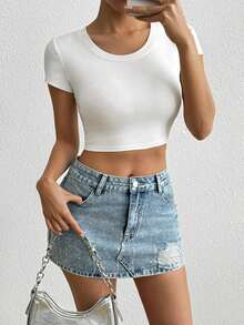 Fusta de denim casual, de epocă, spălată, împodobită cu strasuri, cu talie joasă, pentru femei - Spălare ușoară - Vizualizare 5