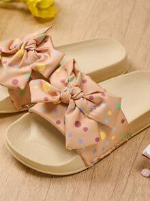 1 Pair Girls' Spring/Summer New Comfortable Fashion Casual Bow Tie Pink Polka Dot Design Soft Flat Stylish Princess Slippers - Pink - View 4