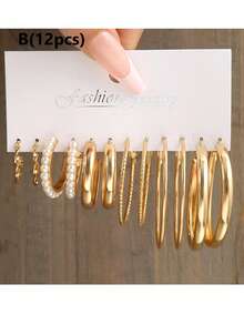 2/10/12/24 件/套时尚人造珍珠耳环，金属几何图案，扭曲宽环，适合度假、派对、约会和日常佩戴 - 彩色 - 查看 10