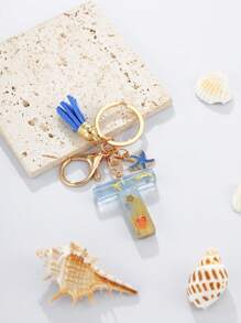 1pc A-Z English Letter Keychain, Resin Drop Glue Oceanic Elements Letter Pendant Keychain For Girls, Summer Starfish, Seashell Decor Random Color Children Bag Accessories