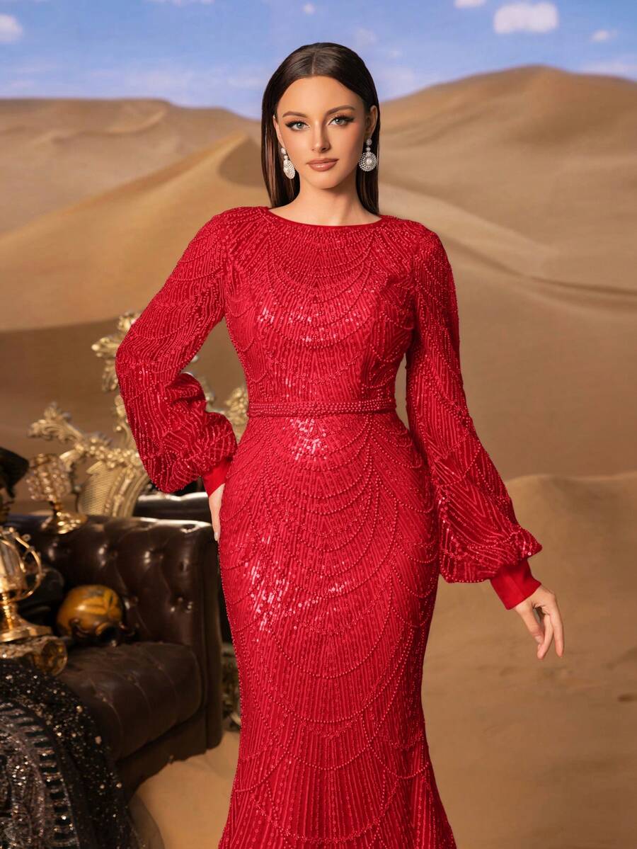 Faeriesty 女款優雅長袖亮片魚尾晚禮服,精緻水晶珠飾刺繡,修身喇叭廓形,派對婚禮紅色秋季款 - 紅色 - 查看 1