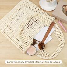 Women's Crochet Beach Tote Bag, Pockets, Beach Mesh Knit Handbag, Summer Beach Tote Bag, Portable Knit Tote Bag, Backpack Back To School, Large College Backpack, Large Women's Tote Bag, Ladies Party Bag, - Beige - View 6