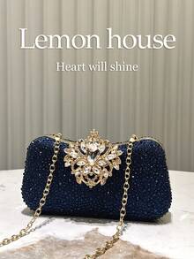 1 pieza de bolso de noche elegante de lujo con pedrería y brillo azul marino, bolso de mano de moda con cierre de pedrería, adecuado para banquetes, fiestas, bodas, galas, regalo ideal para - Azul Marino - Ver 4