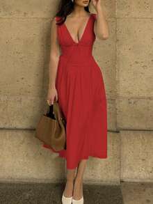 2025 新款复古性感 V 领收腰蝴蝶结雪纺连衣裙，A 字腰中长款海滩太阳裙，鸡尾酒会假日露背礼服