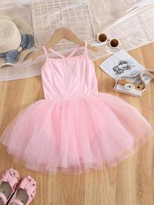 1pc Young Girl Lovely Elegant Princess Sweet Academy Ballet Style Breathable Lightweight Tulle Strap Tutu Dress, Suitable For Party, Birthday, Celebration, Holiday, Performance, Banquet, All Seasons - Pink - View 5