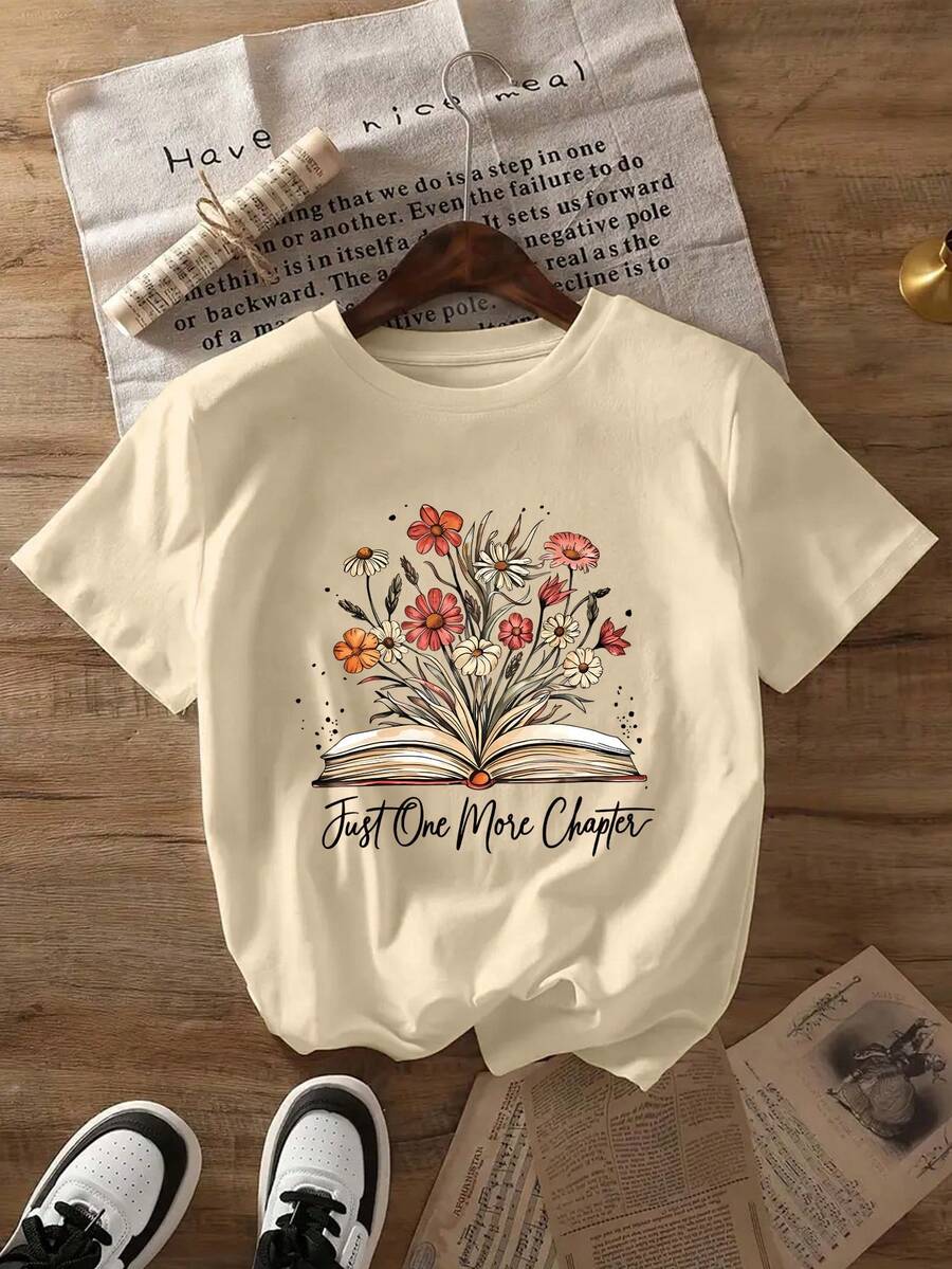 Camiseta casual de manga corta con cuello redondo con estampado floral del patrón del libro "Solo un capítulo talla grande", Camiseta para amantes de los libros, regalo romántico para amantes de los libros, camiseta de verano de moda casual de manga corta