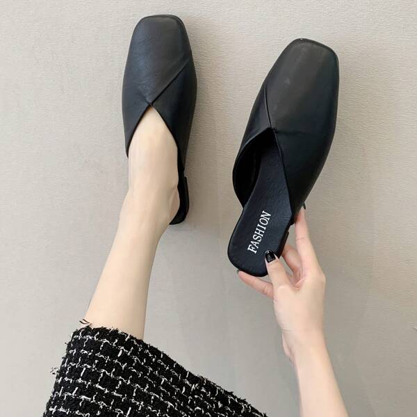Women's Solid Color Mules, Elegant Square Toe Dress Shoes, Synthetic Leather Upper & Rubber Non-Slip Outsole, Suitable For Indoor & Outdoor, All Seasons, Wholesale & Retail