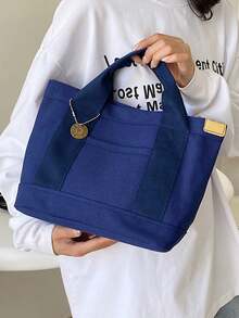 新款时尚优质帆布午餐包，女士休闲手提包 - 藏蓝色 - 查看 5