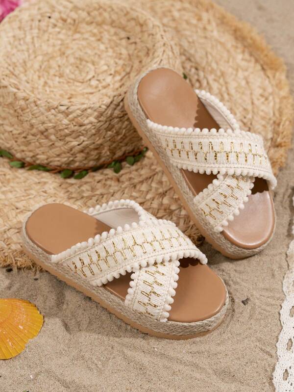 1 par de sandalias de verano con tiras cruzadas de colores, zapatillas de playa informales de moda para niñas en vacaciones