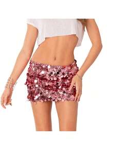 Sequin Skirt For Women Stretchy Bodycon Mini Skirts Sexy Sparkly Skirt Glitter Shiny Skirt Night Out Party - 粉色 - 查看 3