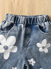 Young Girl Solid Ribbed Sleeveless Denim Effect Pants Set