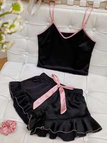 1 set da donna in raso sexy, composto da canotta e pantaloncini pigiama, con fiocco e balze, comodo loungewear in seta, adatto per vacanze