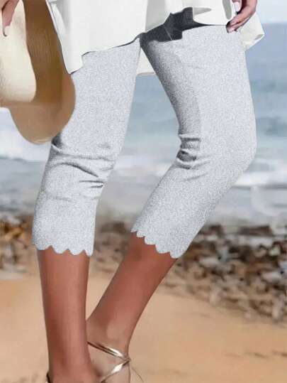 Women Casual Stretchy Capri Leggings, Solid Color Polyester Knit With Elastic Waist And Asymmetric Hemline, Suitable For Spring/Summer, Basic All-Season Skinny Pants