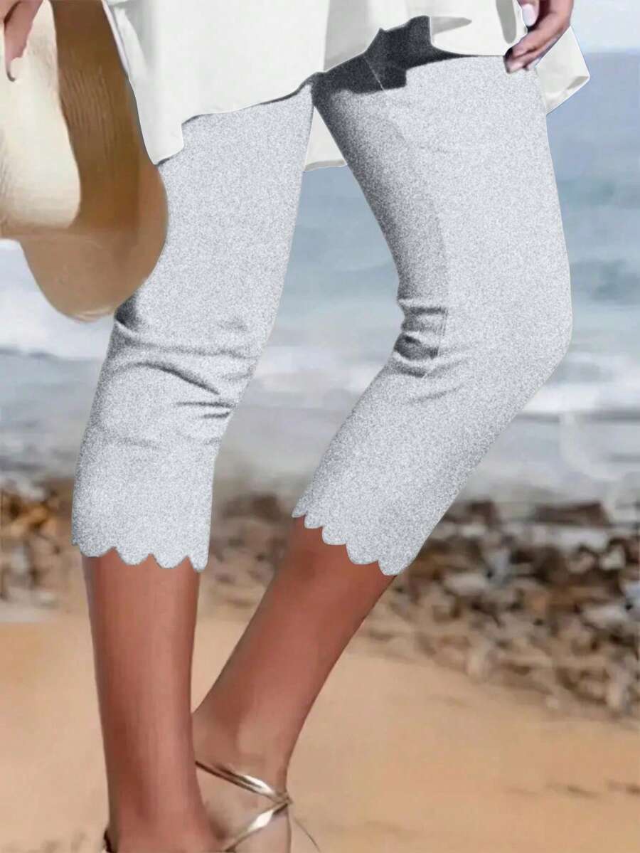 Quần legging Capri co giãn thường ngày cho nữ, vải dệt kim polyester màu trơn có cạp chun và đường viền bất đối xứng, phù hợp cho mùa xuân/hè, quần bó cơ bản cho mọi mùa - Màu Xám nhạt - Xem 1