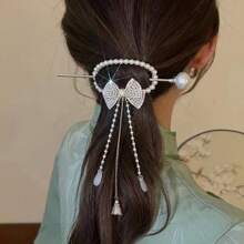 Vintage Rose Tassel Bow Tassel Hairpin Hair Clip Luxury Rhinestone Pearl Red Rose Hairpin Long Fringed Tassel Hair Accessories Hair Bun Hair Bun Maker Bun Hair Piece Hair Styling Pins