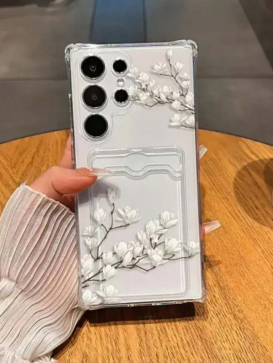 Painted Magnolia Flower Transparent Card Holder Soft Silicone Protective Case, Compatible With IPhone 16/11/16Pro/16Plus/16ProMax/16E/15ProMax/13/14/12/XS/XR/7G/8P, Compatible With Samsung Galaxy S25/S25Plus/S25 Ultra/A16/A36/A26/A56/A50 - Multicolor - View 1